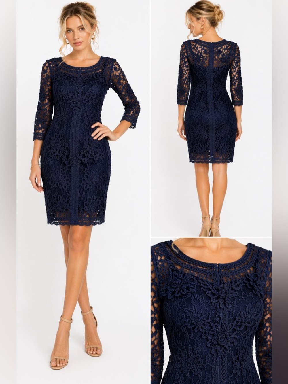 Sue Wong Navy Lace Embroidered Cocktail Dress Size 2 Sheer Sleeve designer
